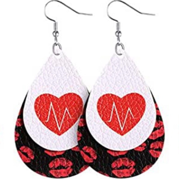 3/$15 Heartbeat & Lips Faux Leather Earrings - Picture 2 of 5